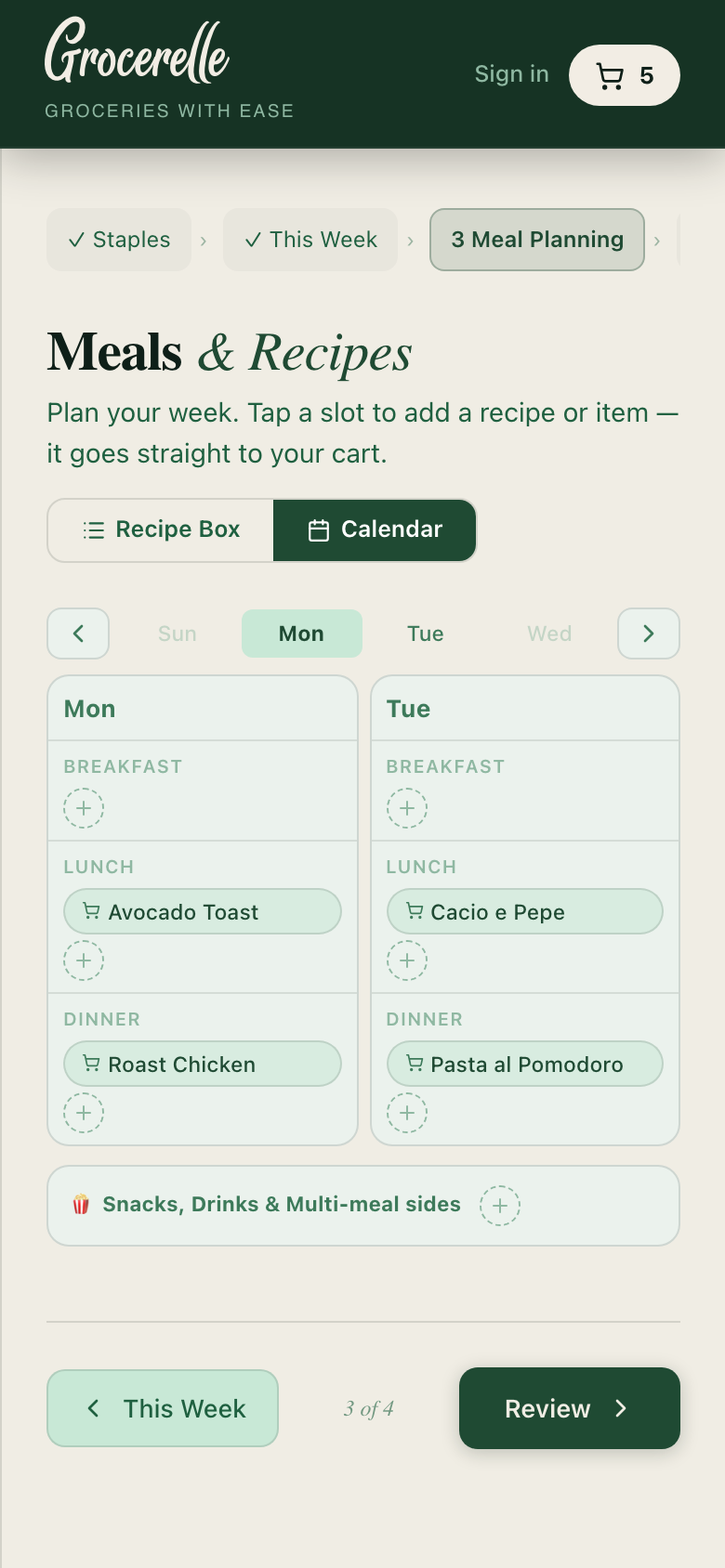 Calendar view showing Mon–Tue meal slots with meals planned