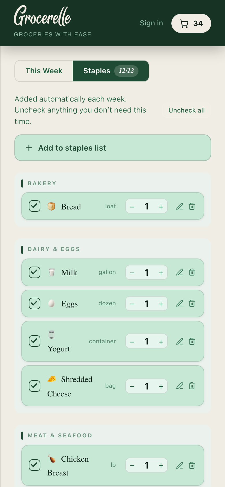 Staples tab showing recurring weekly items grouped by category, each with a quantity stepper