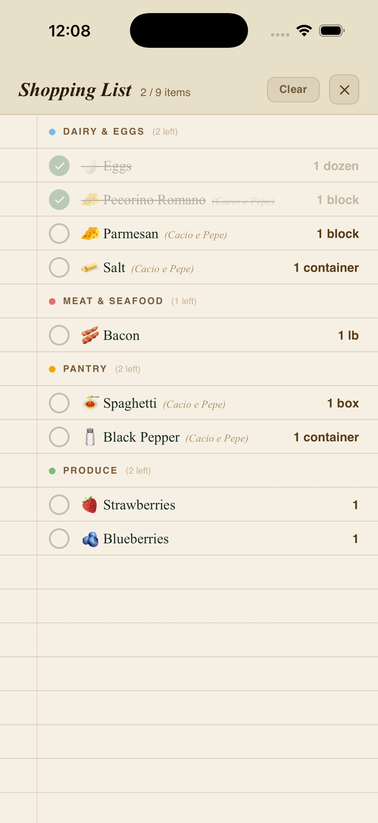 In-person shopping list overlay with tap-to-check items grouped by category