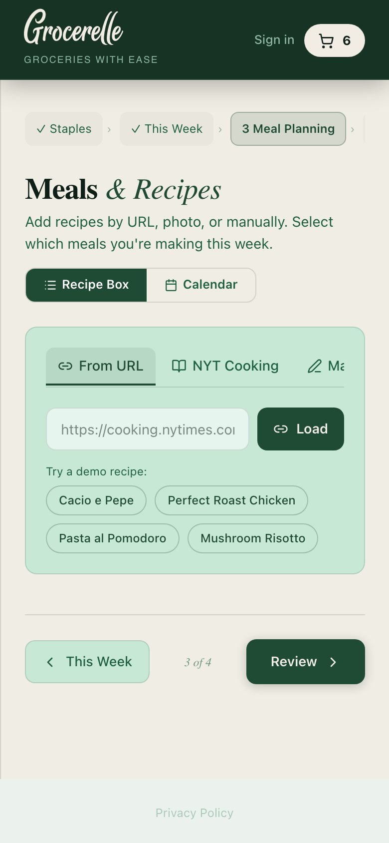 Meal Planning step showing Recipe Box with imported recipes