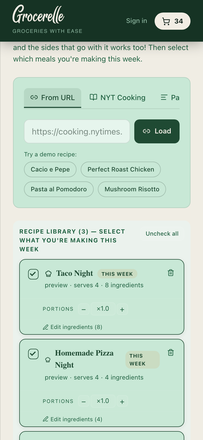Recipe Box showing saved recipes with portion scaling