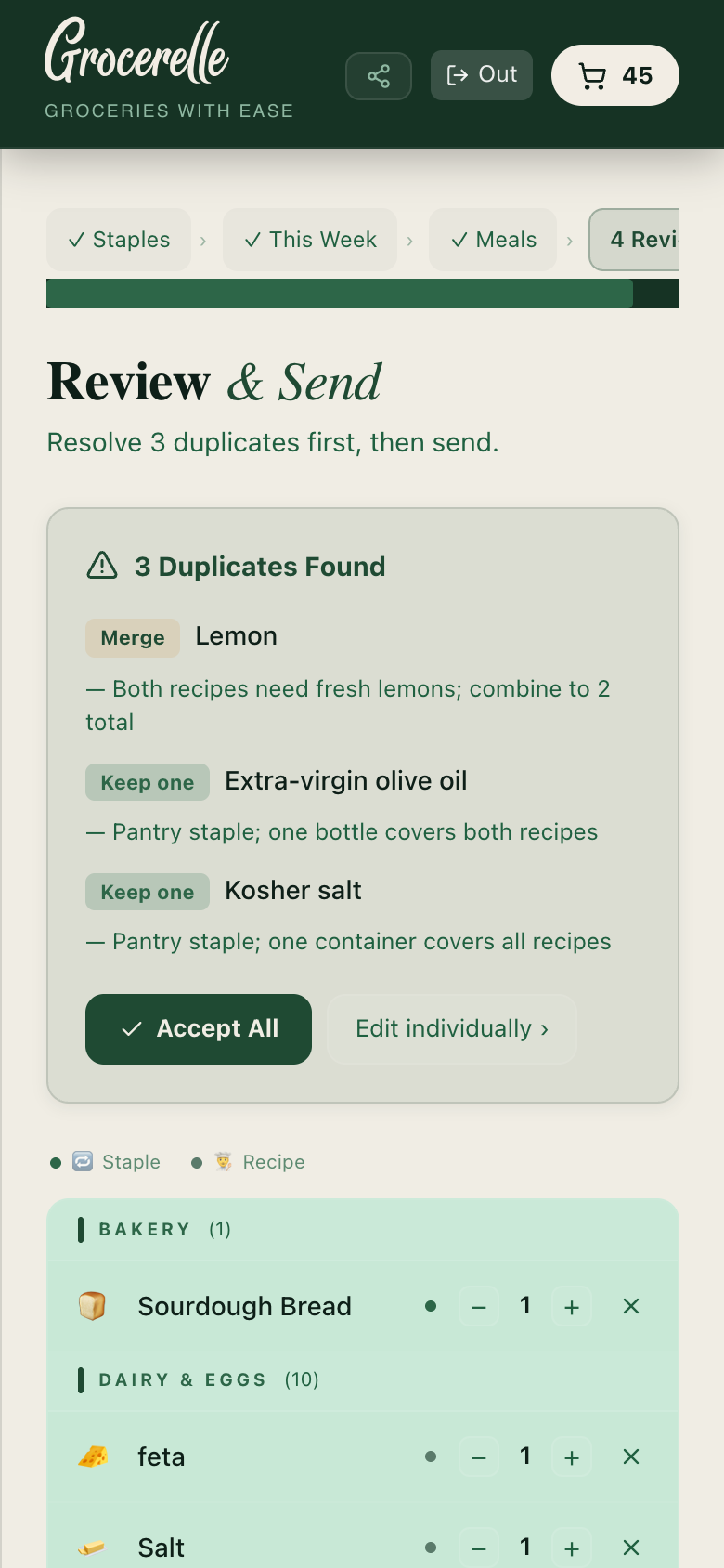 Review & Send step showing AI duplicate detection with Merge and Keep one suggestions