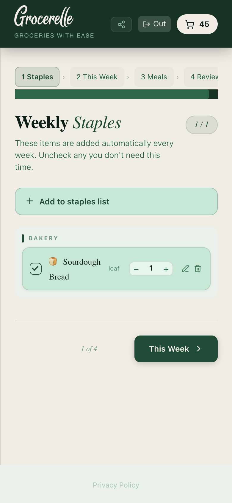 Grocerelle staples step showing weekly grocery list
